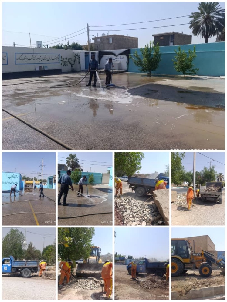 تنظیف ورودی مدارس و شستشوی مدارس در آستانه بازگشایی مدارس در اولین روز مهر