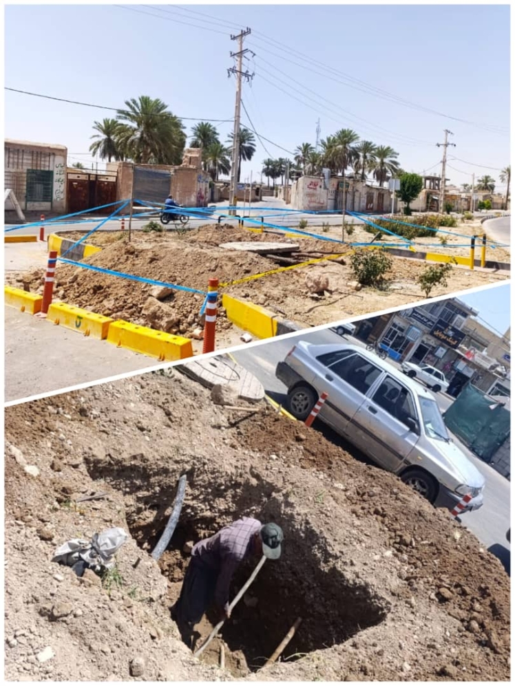 آماده سازی و حفر چاله های فونداسیون برج نوری در میدان مرکزی و ورودی شهر از سمت جهرم به روایت تصویر