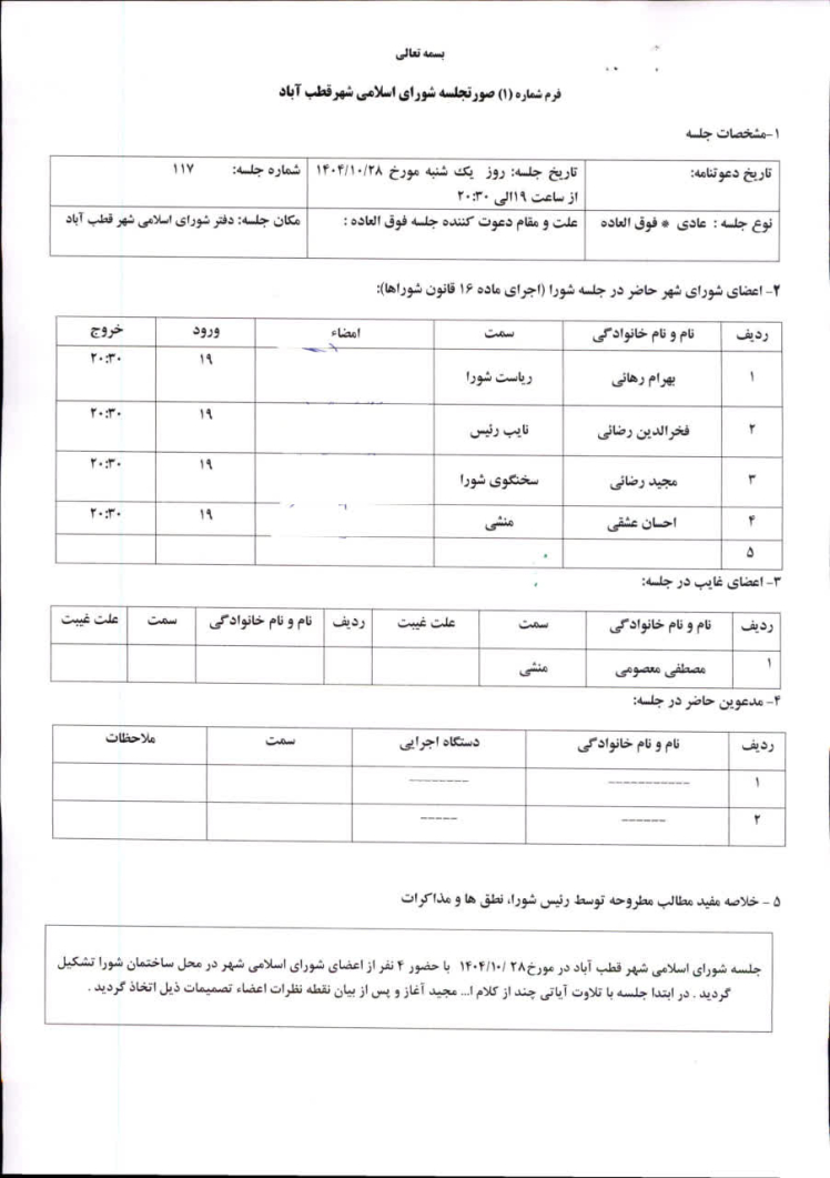 صورتجلسات شورای اسلامی شهر قطب آباد مورخ 1404/10/28 شماره 117